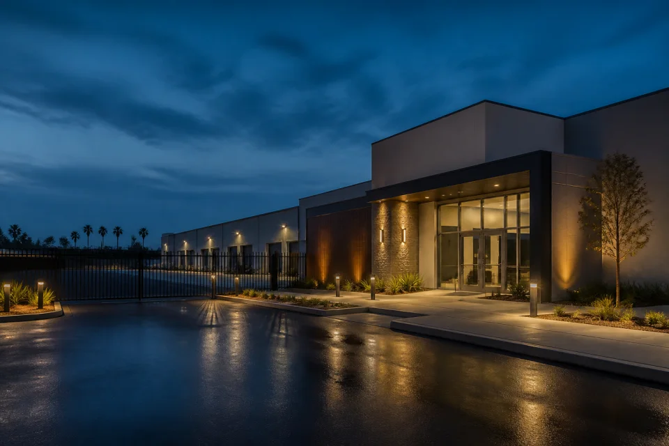 Unoccupied commercial property entrance, gate and loading edge at blue hour
