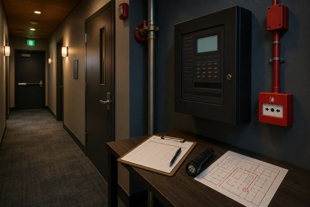 Commercial corridor with a fire alarm panel, blank patrol log, flashlight and route plan
