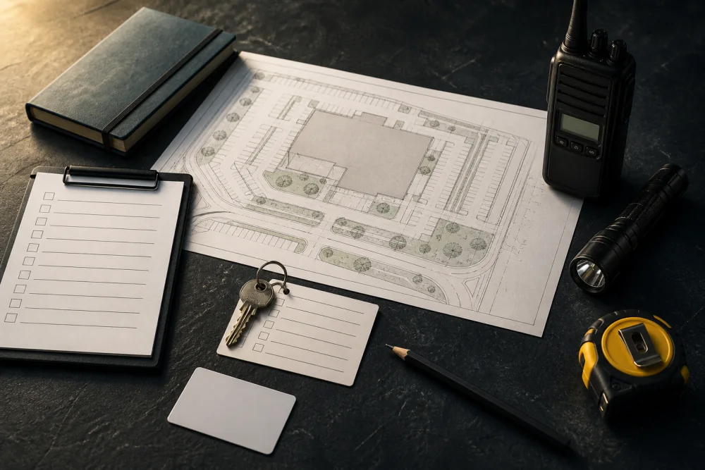 Commercial site plan with a blank checklist, keys, access card, radio and flashlight